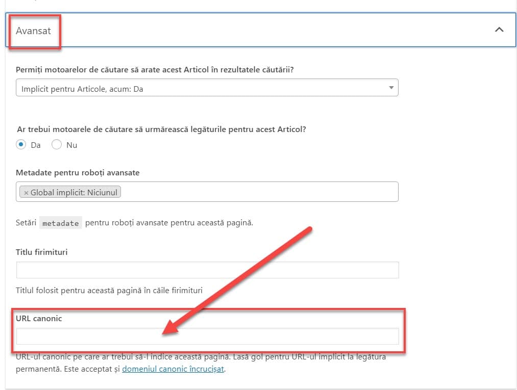 Adăugare URL Canonic în WordPress SEO by Yoast