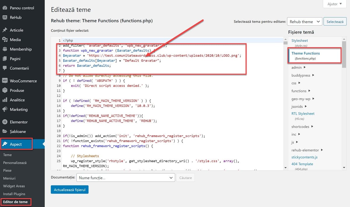 Adauga codul in fisierul function