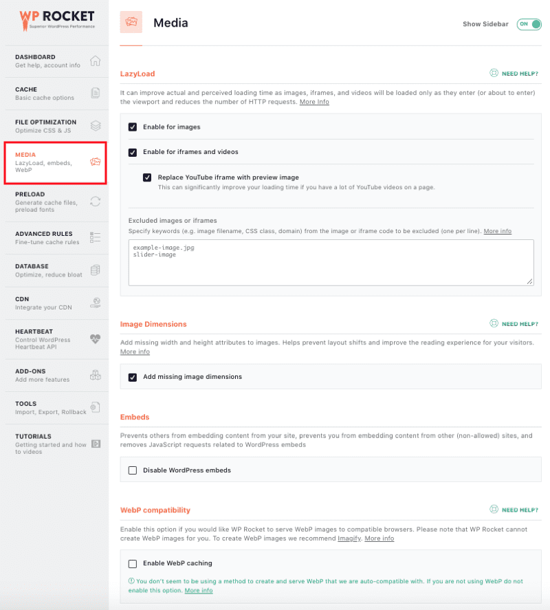 Tabul Media din Tabloul de bord WP-Rocket