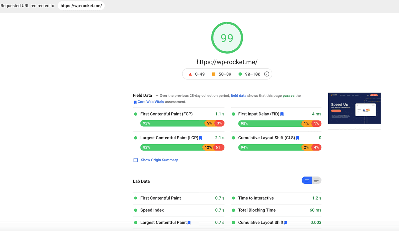 Exemplu de audit cu WP Rockets site-ul oficial Scor 99_100 - Sursa PSI