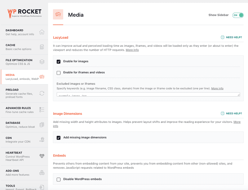 Fila Media cu opțiuni verificate - Sursa Tabloul de Bord WP Rocket