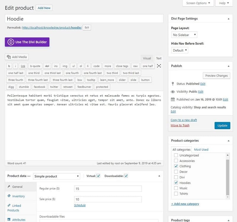 Pagina implicită de produs când o editezi pe backend