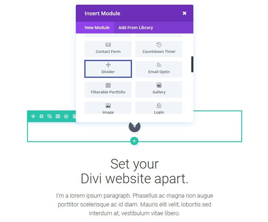 Adăugați Modulul Divi Divider la acel rând