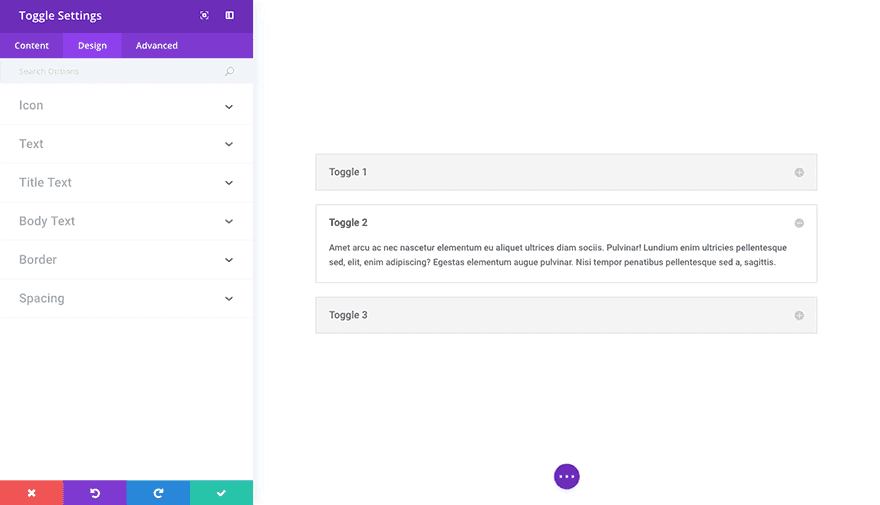Setări de Design Pentru Modulul Toggle Divi