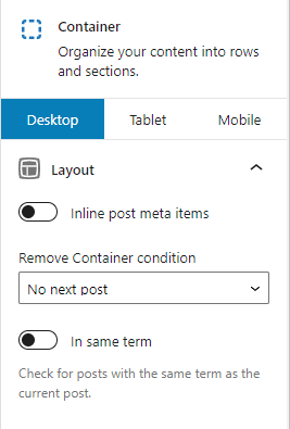 Setări Container GenerateBlocks