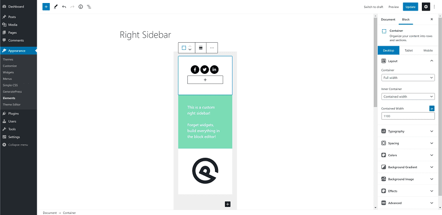 Tip bloc din bara laterală din dreapta
